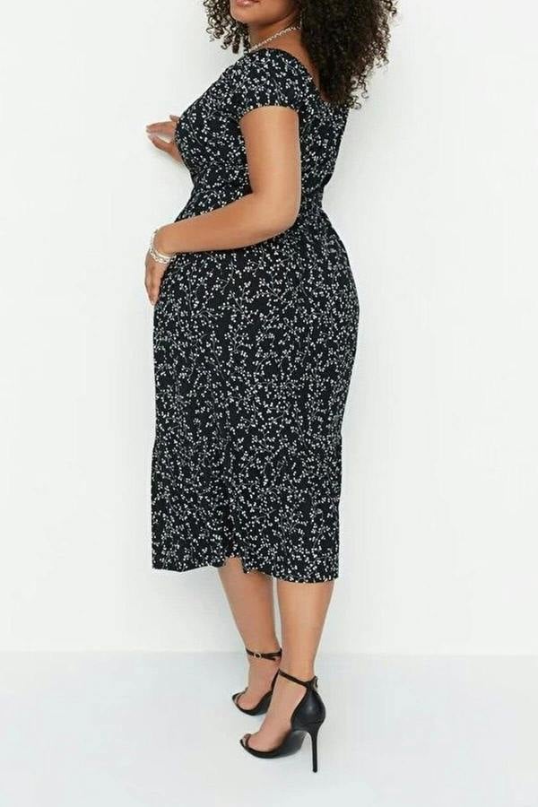 WOVCOR Floral Pattern A-line Maxi Knitted Plus Size Dress