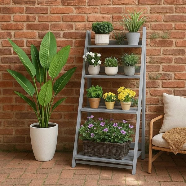 Modcraft 4-Tier Grey Foldable Wooden Plant Stand – Ladder Shelf Display Rack