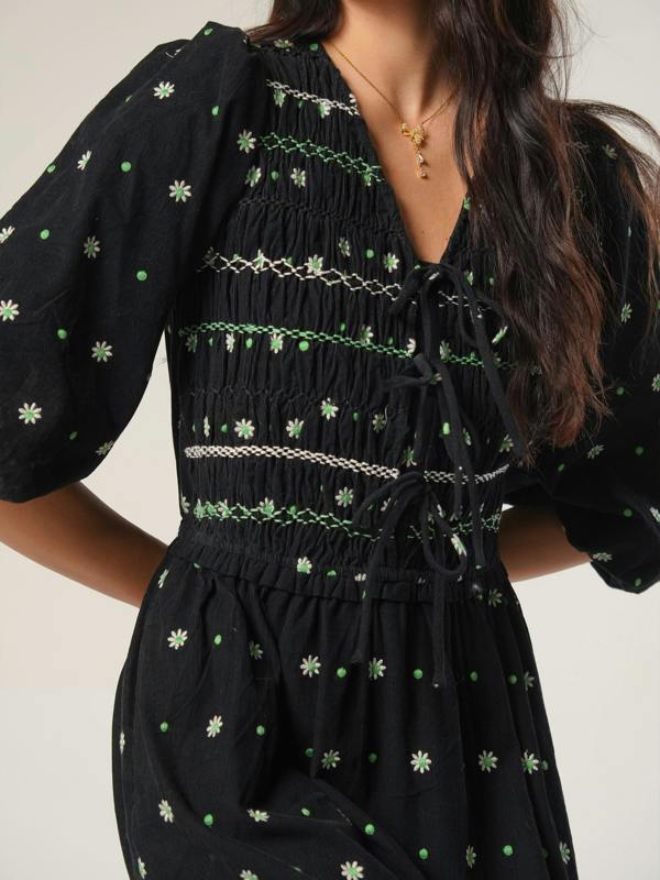 Rose & Nancy Eddie Black Cord Embroidered Polka Dot Maxi Dress