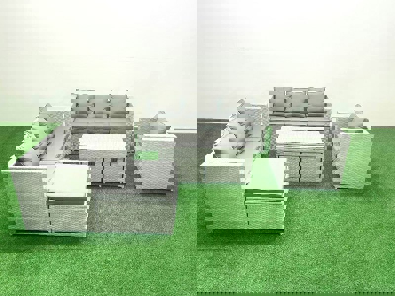 Fimous Wicker PE Rattan Sofa Garden Furniture Set with Oblong Coffee Table Armchair 3 Footstools Light Grey Mixed