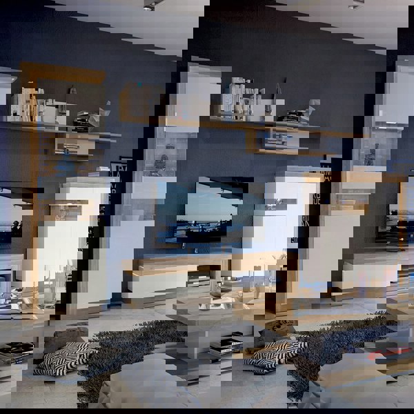 Furniture To Go Lyon Tall narrow display cabinet (RHD) in Riviera Oak/White High Gloss