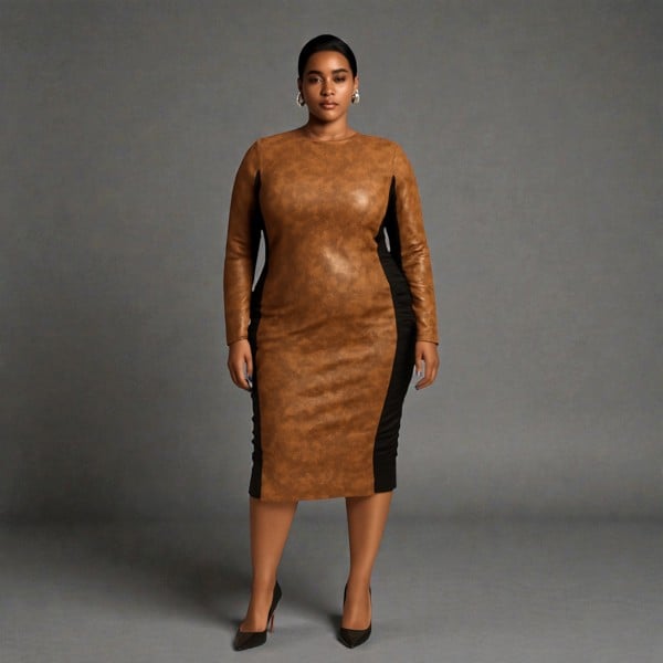 Women's Plus Size Black Brown Animal Print Bodycon Midi Vegan Leather Dress styled with a black heels.