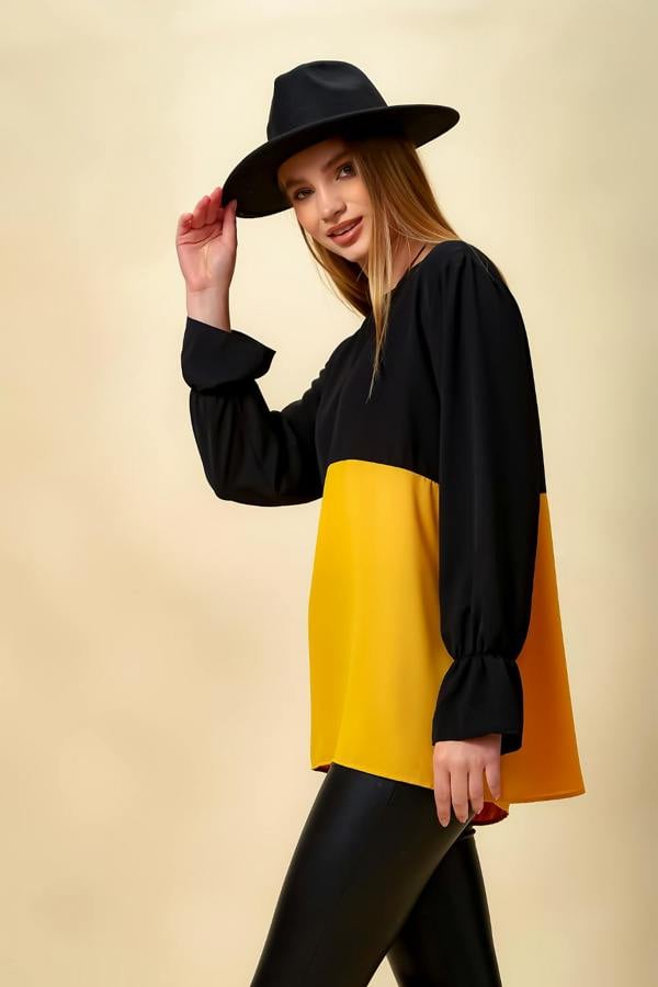 Hoxton Gal Colour Block Blouse in Black and Yellow