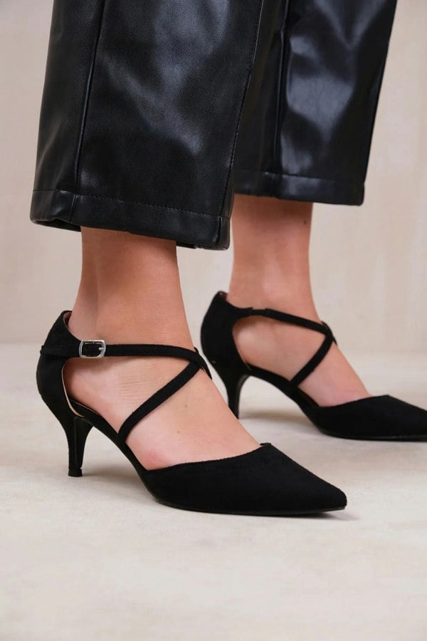 Where's That From Kennedi Wide Fit Low Kitten Heel With Crossover Strap in Black Suede