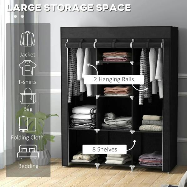 Black fabric wardrobe with hanging rail and multiple shelves, showing organized storage compartments.