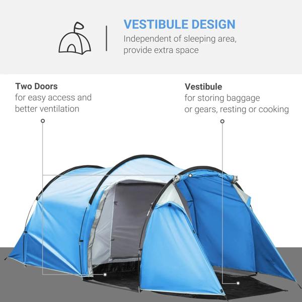 Blue tunnel camping tent with vestibule and two-door entry design