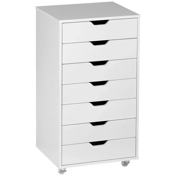 White seven-drawer filing cabinet with black pull handles on rolling wheels