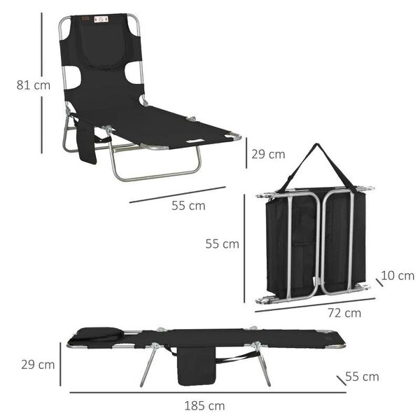 Foldable Sun Lounger, Beach Chaise Lounge - Reading Hole, Arm Slots, 5-Position Adjustable Backrest, Side Pocket, Pillow for Garden, Black