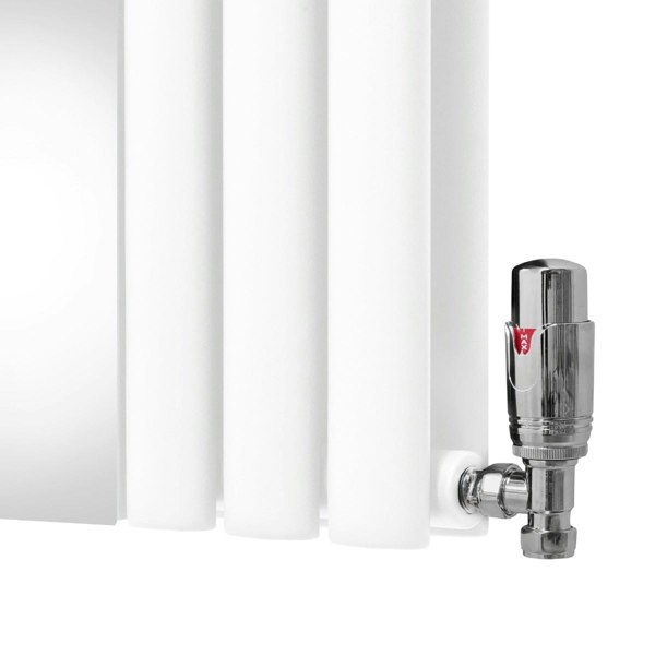 White oval mirror radiator with chrome valve, featuring sleek vertical panels and a modern design, ideal for contemporary spaces