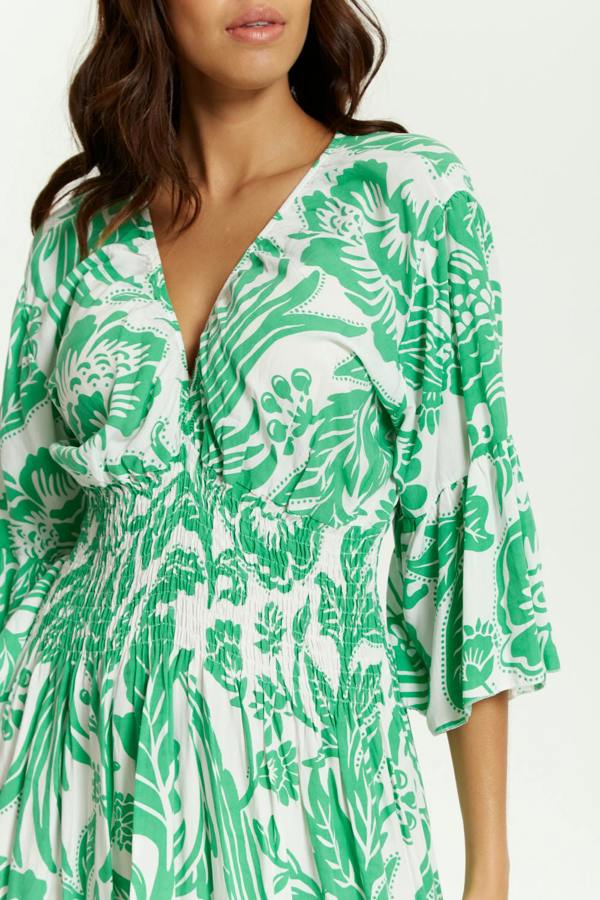 Hoxton Gal Oversized V Neck Detailed Floral Print Maxi Dress in Green and White