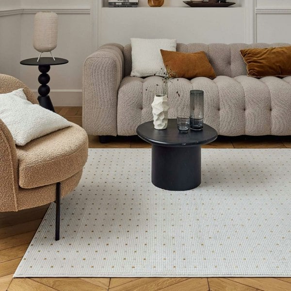 Living Room Rug, gold-cream colors, durability and underfoot comfort.