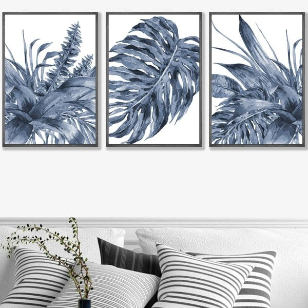 Artze Wall Art Tropical Leaves Navy Blue Abstract Set of 3 Framed