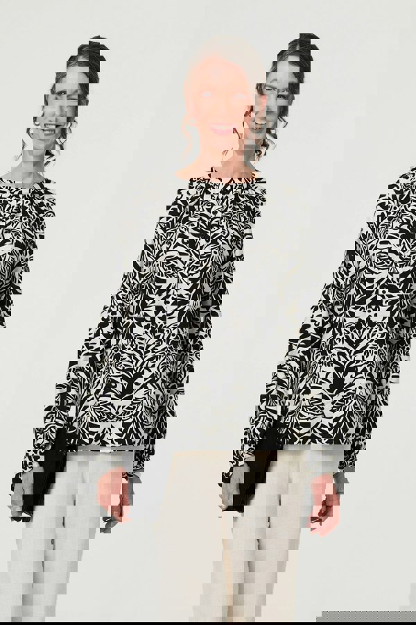 Black | Printed Long Sleeve Button Front Blouse
