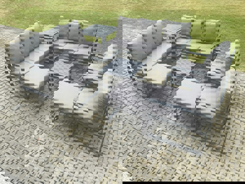 Fimous Aluminium Patio Outdoor Garden Furniture Lounge Sofa Set with Square Coffee Table 2 Chairs Side Table 2 Big Footstool Dark Grey