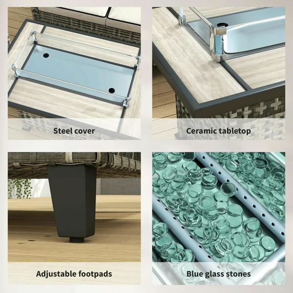 Grey fire pit table features: steel cover, ceramic top, adjustable footpads, blue glass stones