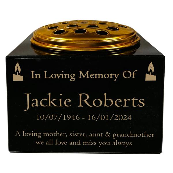 Memorials Direct Granite Memorial Vase with Candle Design, Free Personalised Gold Engraving, Solid Granite 6 x 6 x 4 Inches