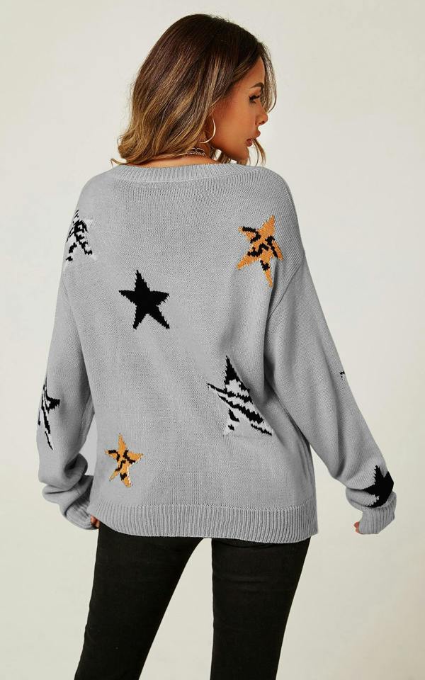 FS Collection Relaxed Soft V Neck Animal Star Pattern Jumper Top In Beige