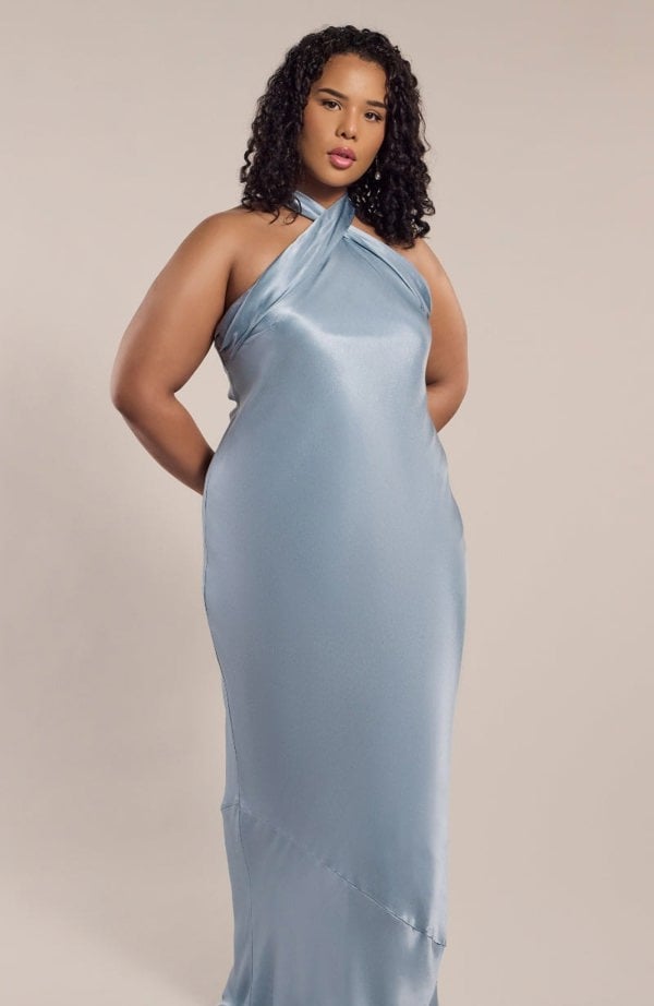 Rewritten London Roma Dress in Pale Blue Satin