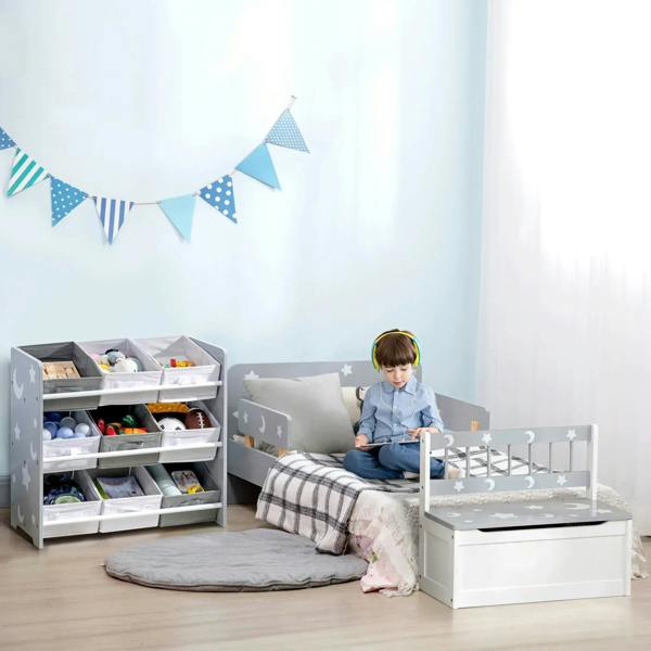 Kids play bench and toy box set with grey star-and-moon panels, side-by-side use