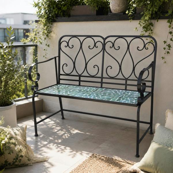Leaf Mosaic 2 Seater Garden Bench, 112cm Outdoor Patio Seat with Ceramic Tile Seat, Scrollwork Backrest & Metal Frame image 8