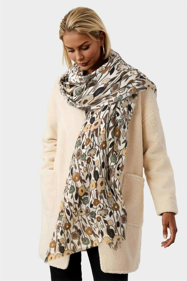 FS Collection Floral Print Fringed edges Scarf In Brown