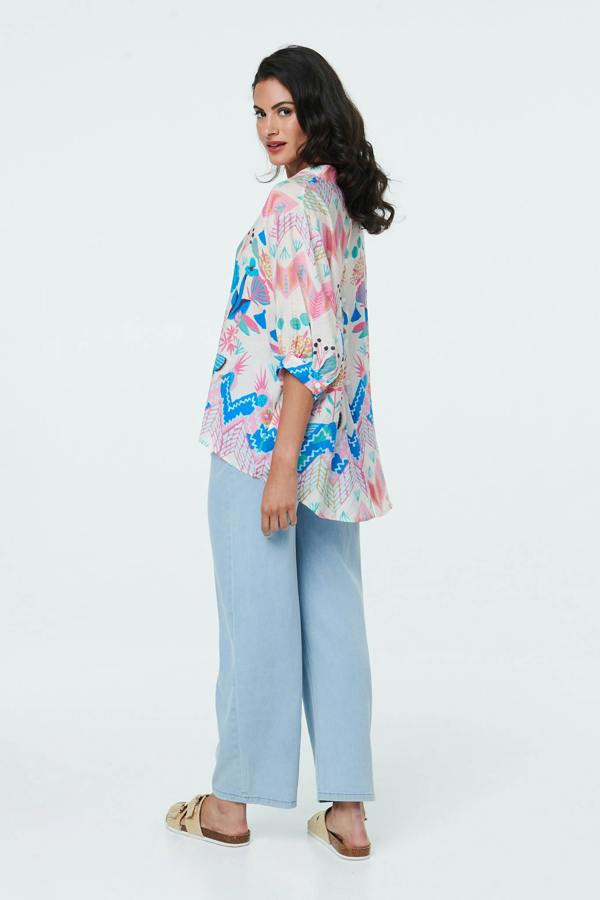 White | Abstract 3/4 Sleeve Relaxed Curve Shirt