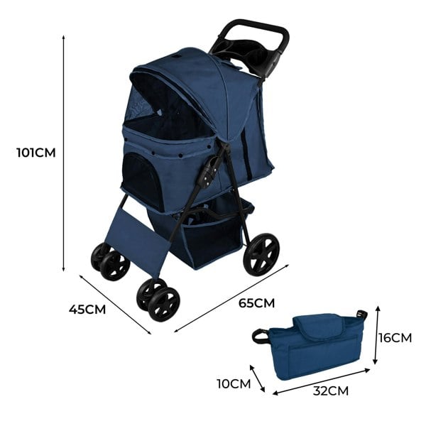 Monstershop Pet Stroller with Rain Cover & Caddy Bag - Navy Blue