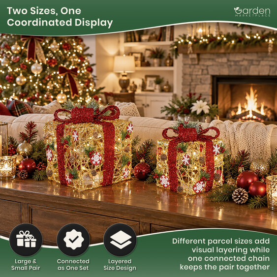 Set of 2 Light Up Gold Rattan Christmas Parcels with Red Bows, 25 White LED Lights, Battery Powered Chain Decoration for Tree or Fireplace Display