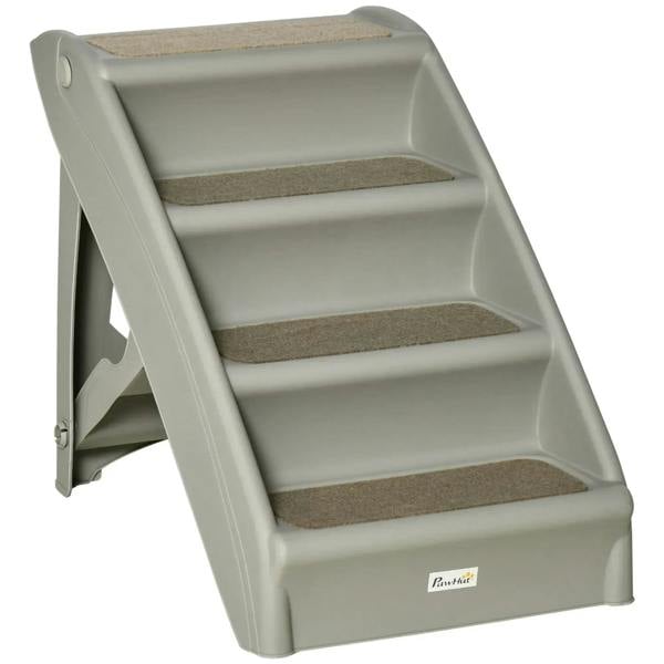 Grey foldable 4-step pet stairs with textured non-slip carpet treads