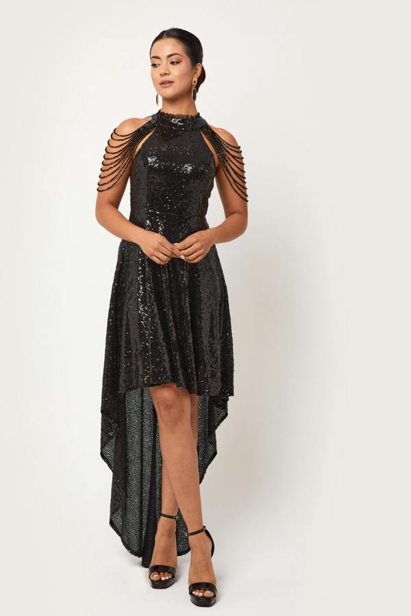 LuvForever Rinsha -  Black Sequin Hi-Lo Mini Dress