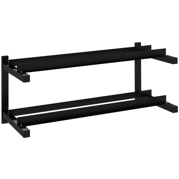 Wall-mounted 2-tier dumbbell rack in black steel with two horizontal storage bars