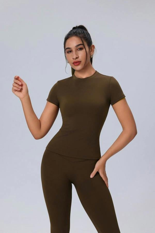 Anniou Short Sleeve Yoga T-Shirt - Brown