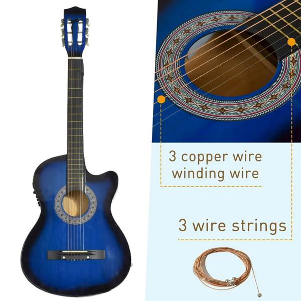 Blue acoustic electric classical guitar close-up of rosette sound hole and metal strings.