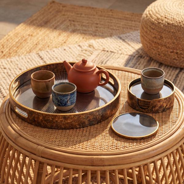 Maison des Cadeaux Sunburst Mirrored Serving Tray and 4-Piece Drink Coaster Set with Holder