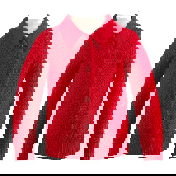 Boys red moss stitch cardigan with a collar, pockets and pearl button front to fasten.