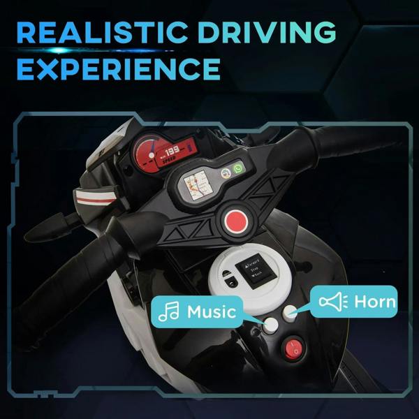 Kids electric ride-on motorcycle dashboard with screen and red control button, black handlebar