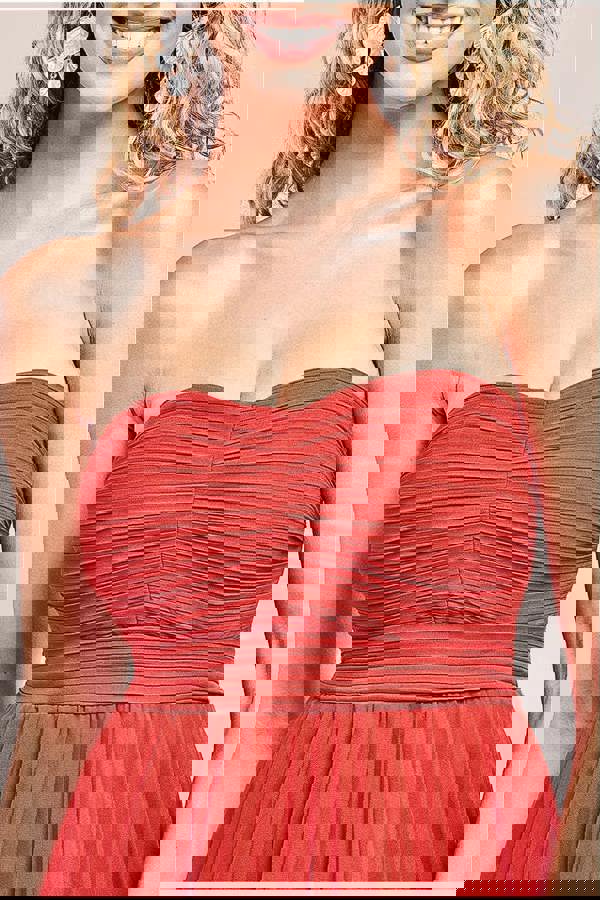 Pleated Bandeau Bodice Chiffon Tiered Midi - Orange DR3811