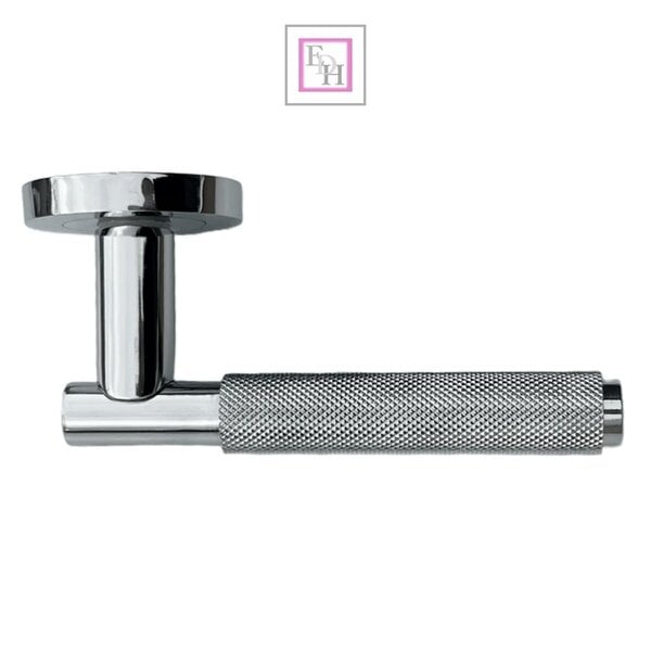 EDH Door Hardware Polished Chrome Knurled Door Handles on Round Rose – Modern Internal Lever Latch Handles