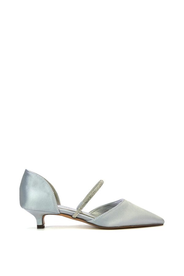 XY LONDON Diamante Strap Kitten Heel Pointed Toe Court Shoes - Silver