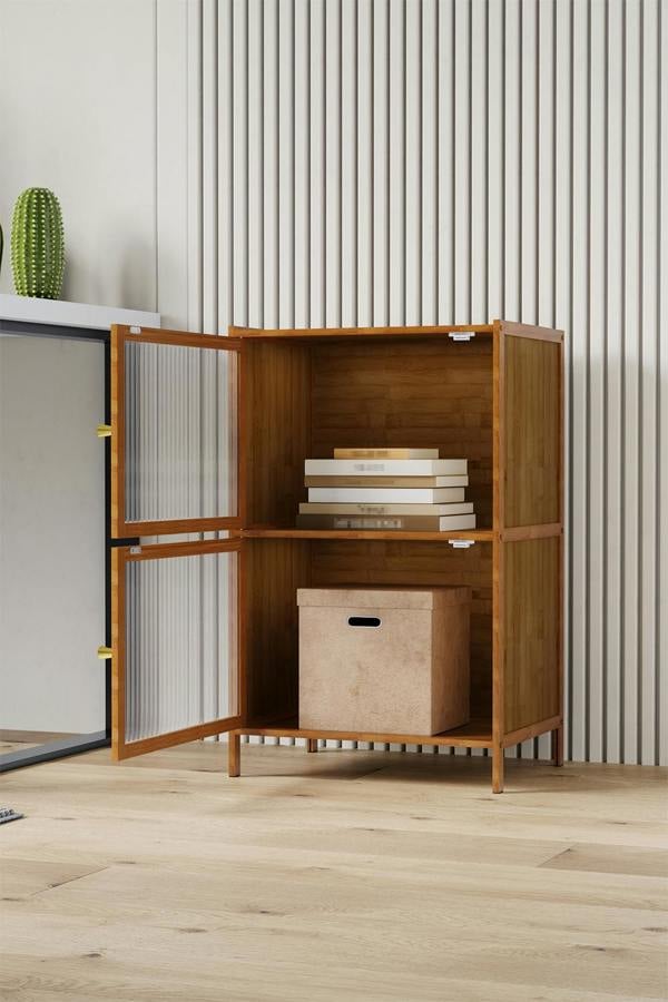 Living and Home Versatile 2-Tier Bamboo Storage Cabinet Bookcase Bookshelf Storage Rack w/ Doors