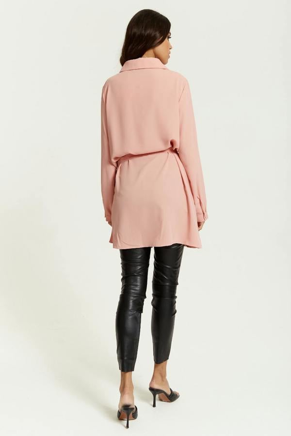 Hoxton Gal Oversized Belt Detailed Shirt Tunic with Long Sleeves in Pink