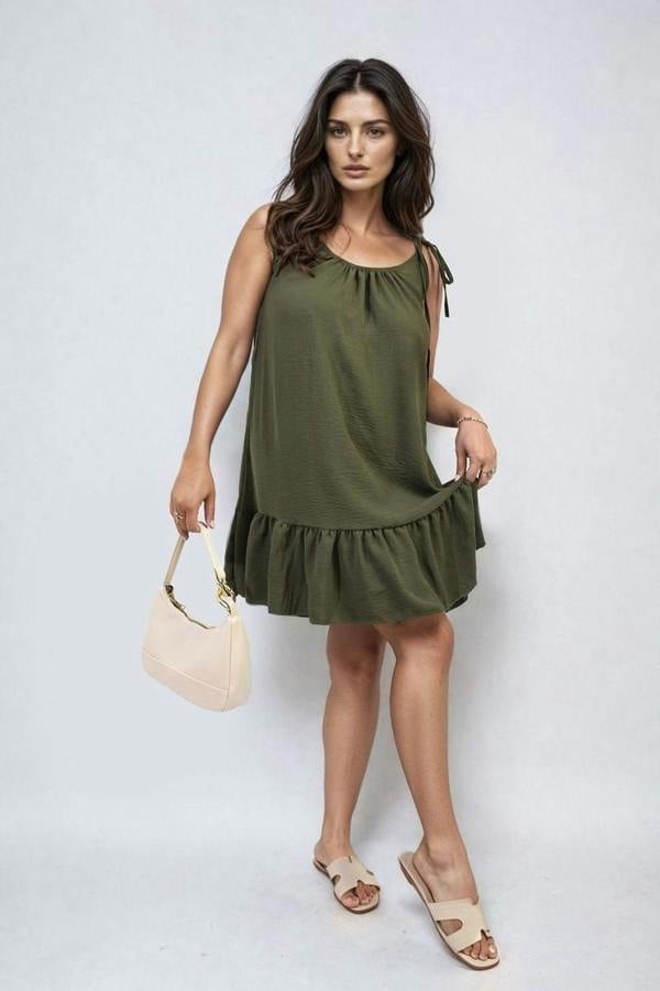 Faye Backless Tie-up Spaghetti Strap Frill Hem Mini Dress - Khaki