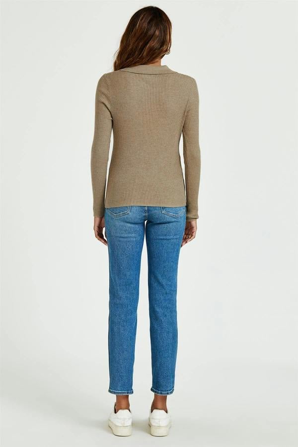 FS Collection Morgan Collar Double Breasted Knit Top In Beige