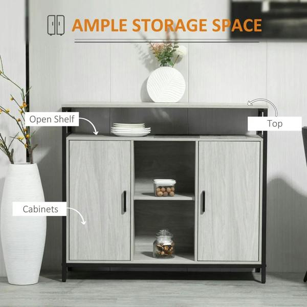 Light grey storage sideboard with open shelf and two-door cabinet, black handles