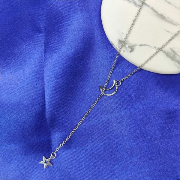 The Colourful Aura Long Slim Moon Star Drop Y Shape Moon Interlock Lariat Necklace