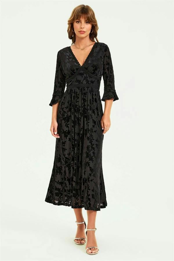 FS Collection Floral Velvet Devore Lace Trim Neckline Midi Dress In Black
