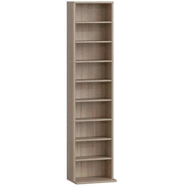 Narrow CD storage unit in light natural wood finish with vertical open shelves