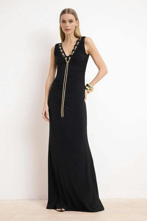 WOVCOR Accessory Detailed Knitted Maxi Evening Dress