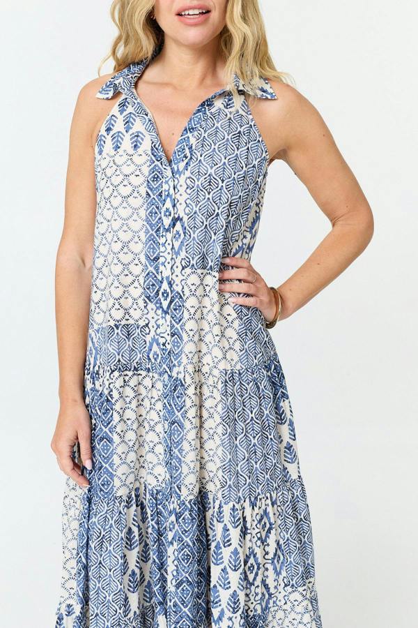 Blue | Printed Sleeveless Shirt Midi Dress