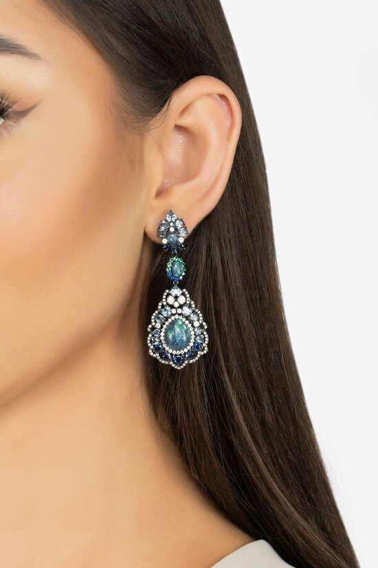 Latelita Mariana Green Opal Drop Earrings Oxidised